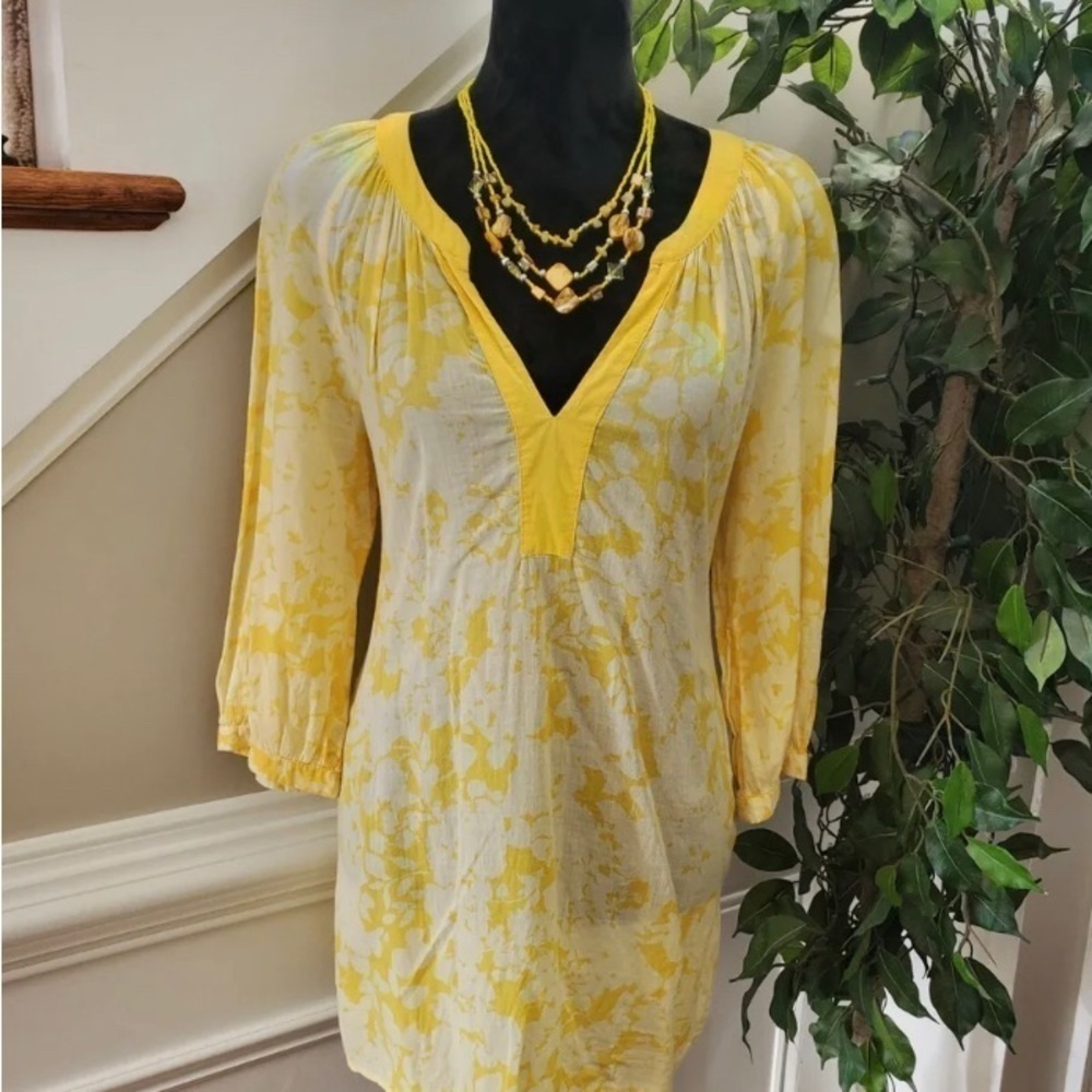 H&M Yellow & White V-Neck 3/4 Sleeve Shirt Dress